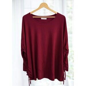 Bryn Walker Lagenlook Bamboo Organic Cotton Knit Top Ruched Sides Deep Red L